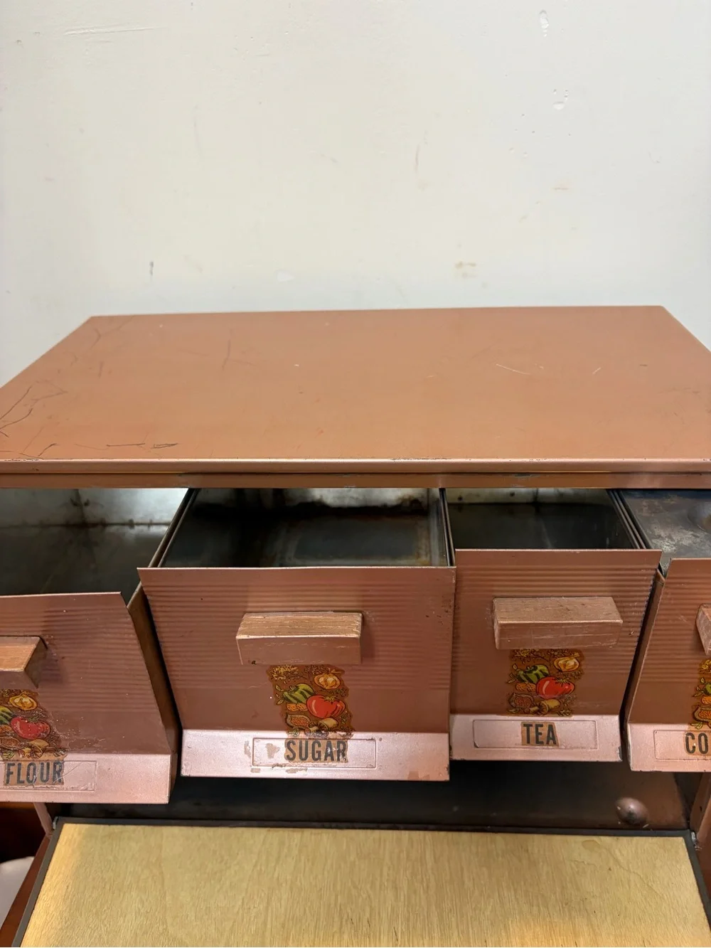 Vintage Kreamerwate Metal Kitchen Canister Set - with bread box Fruit Decals
